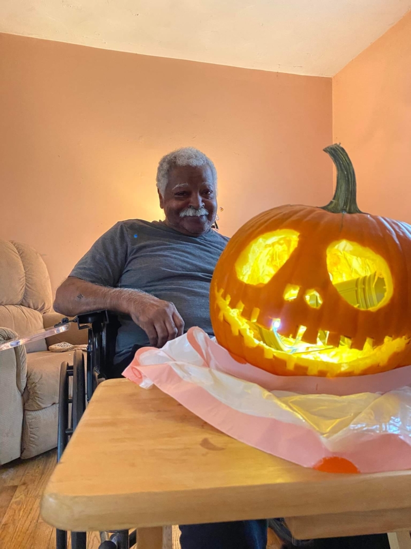 Mr. Reynolds after carving his first pumpkin.