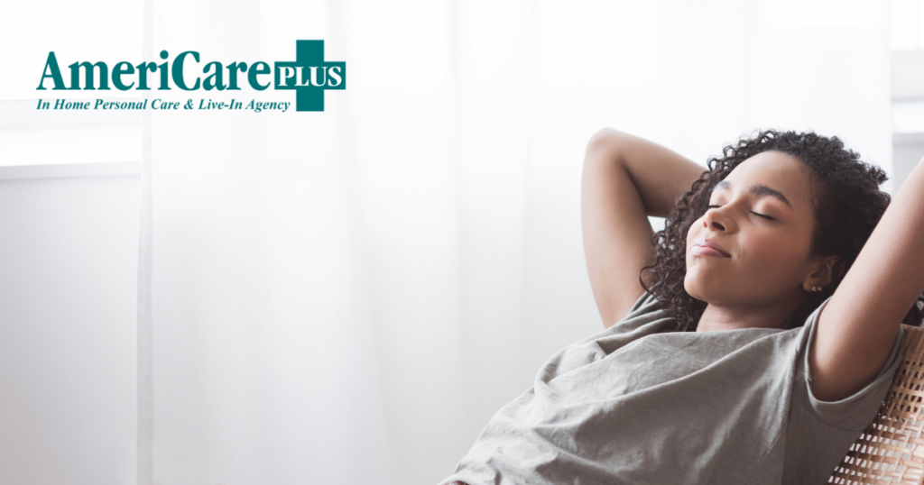 A woman takes a break to relax and practice self-care, something vital for professional caregivers.