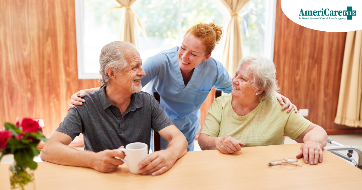 A good caregiving environment can benefit both caregiver and clients, as shown here by this caregiver and her 2 clients.