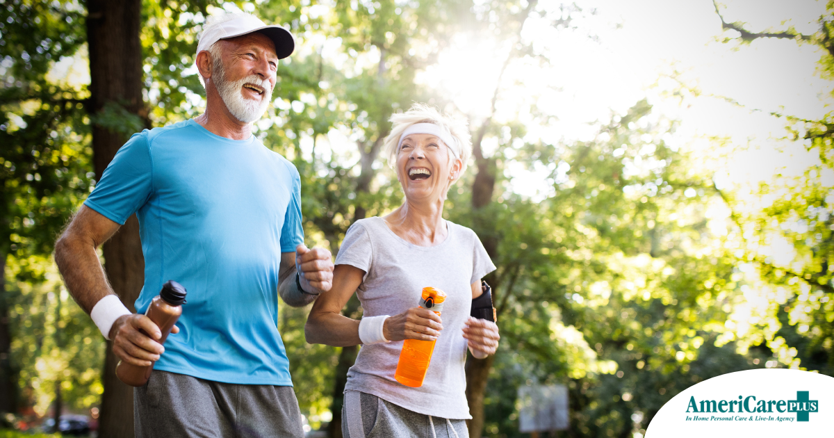 A senior couple enjoys walking outdoors, one of many activities for seniors that can help them stay healthy.