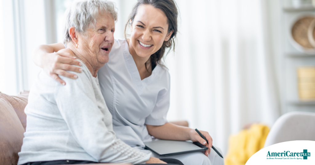 A professional caregiver embraces a senior client, showing the level of trust and comfort between them.