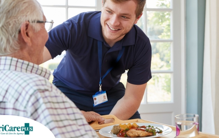 Professional caregiving involves helping clients with iADLs and ADLs as demonstrated by this caregiver helping a client by bringing a meal.