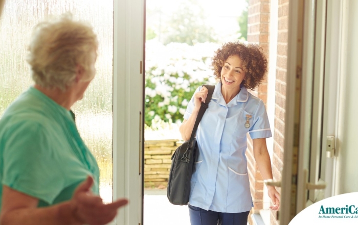 A caregiver comes in to see a client at home representing senior home care and the services offered.