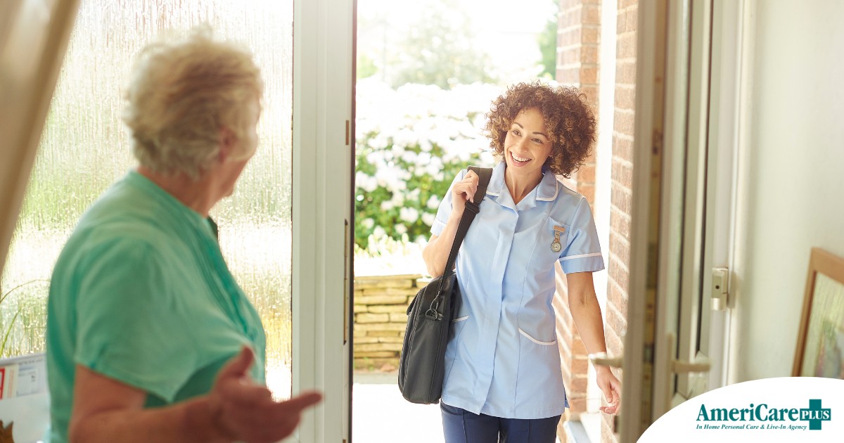 A caregiver comes in to see a client at home representing senior home care and the services offered.