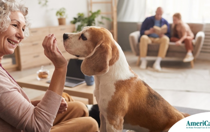 An older woman smiles while giving a dog a treat, representing the joy that dogs can bring.