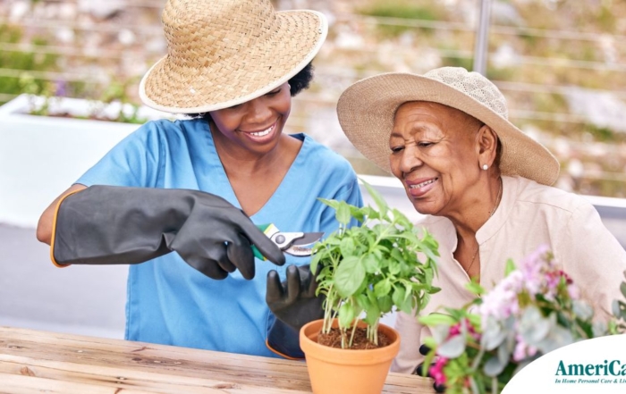 Caregiver and Senior gardening as part of companion care activities.