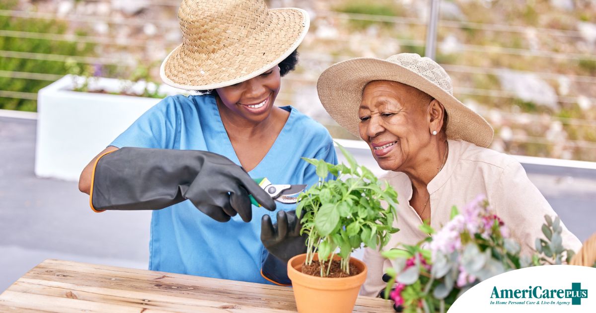 Keeping Seniors Engaged at Home Creative Companion Care Ideas for Caregivers Caregiver and Senior gardening as part of companion care activities.