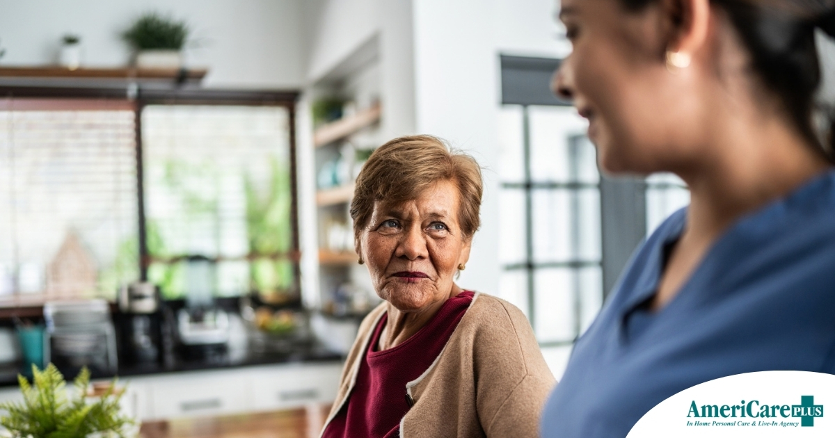 Caregiver provides attentive senior care as part of diabetes awareness