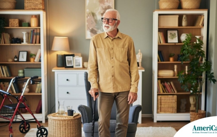 Exploring fall prevention for seniors — an elderly man stands in a safely arranged room.