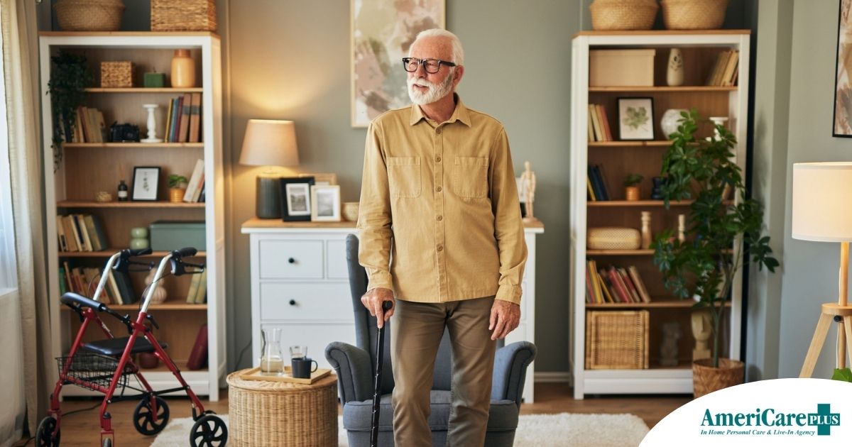 Fall prevention for Seniors Home Safety Exploring fall prevention for seniors — an elderly man stands in a safely arranged room.