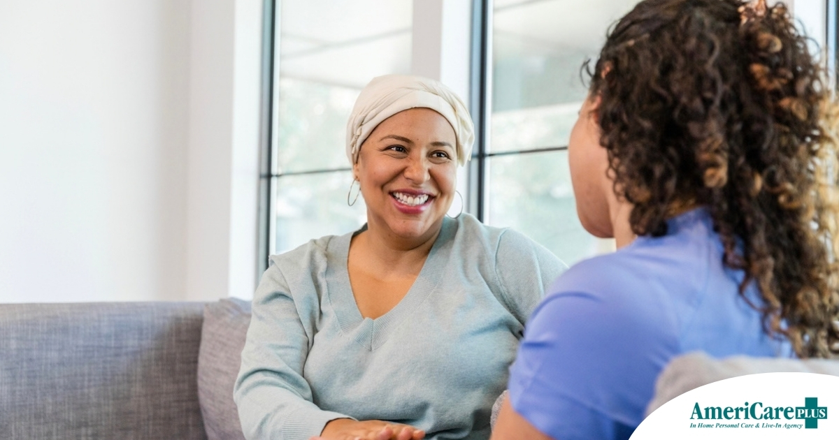 Senior woman benefiting from home care during cancer treatment.